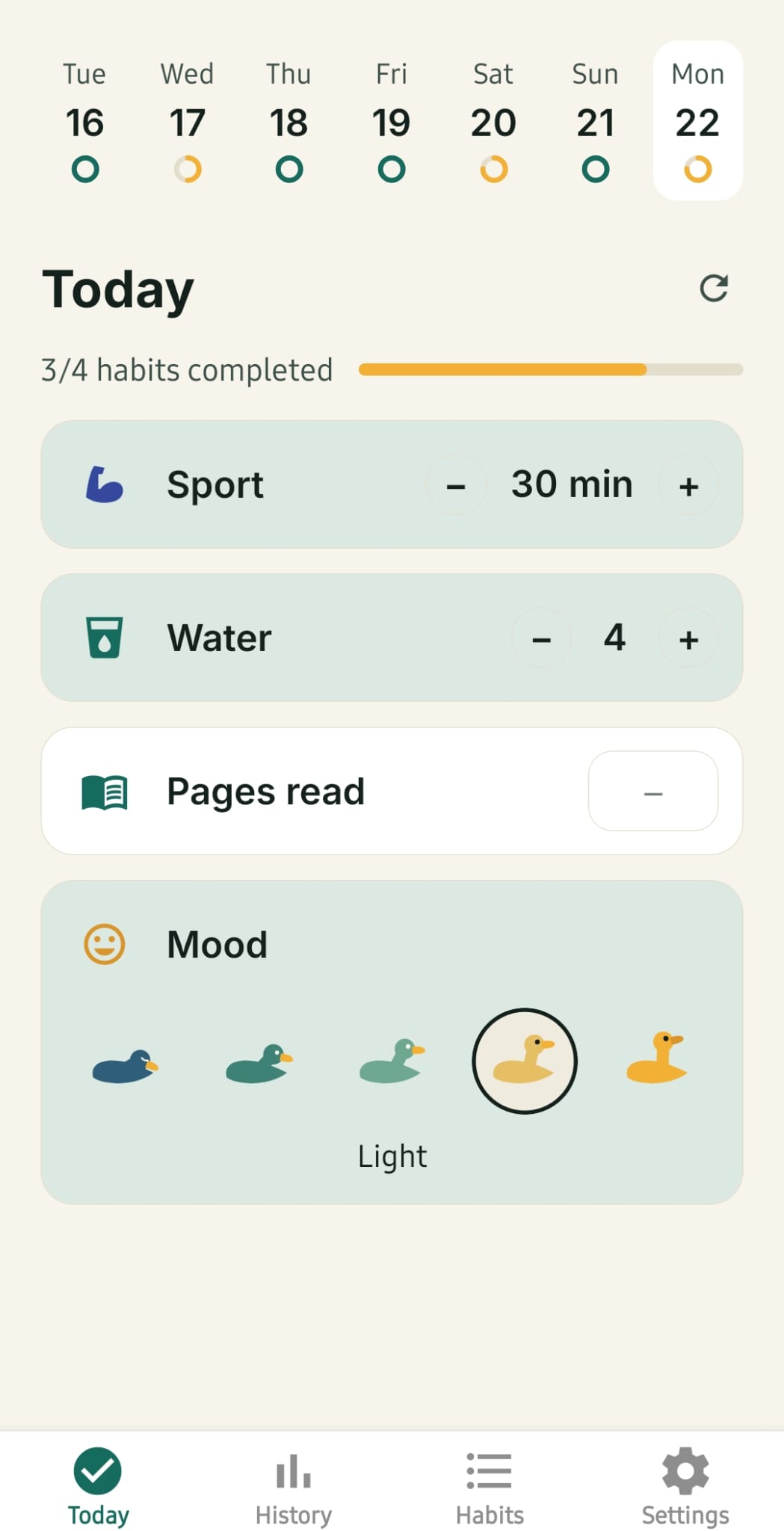 Mallard's Today screen: the week up top, the day's habits to check off, and today's mood logged as ducks.