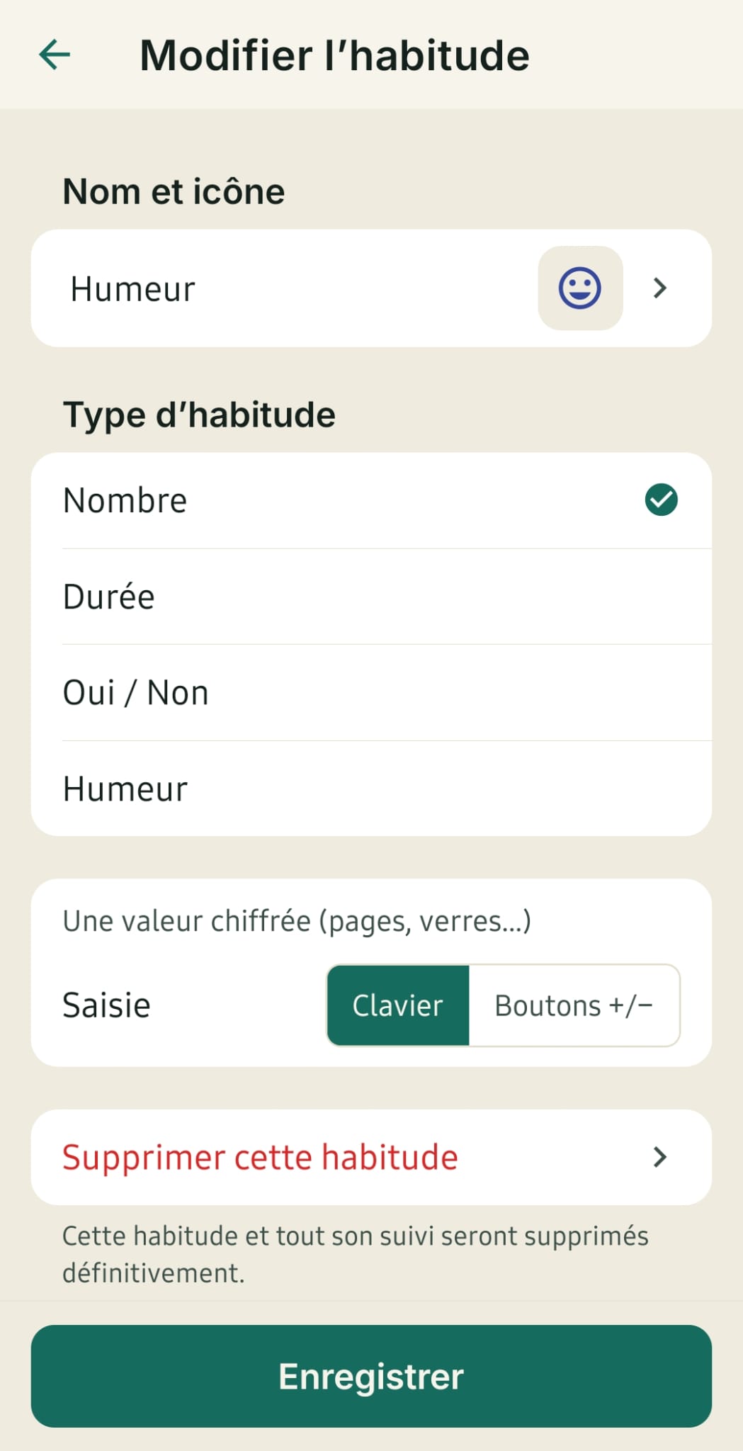 Écran Modifier l'habitude : nom, picto et type de saisie (nombre, durée, oui/non, humeur).